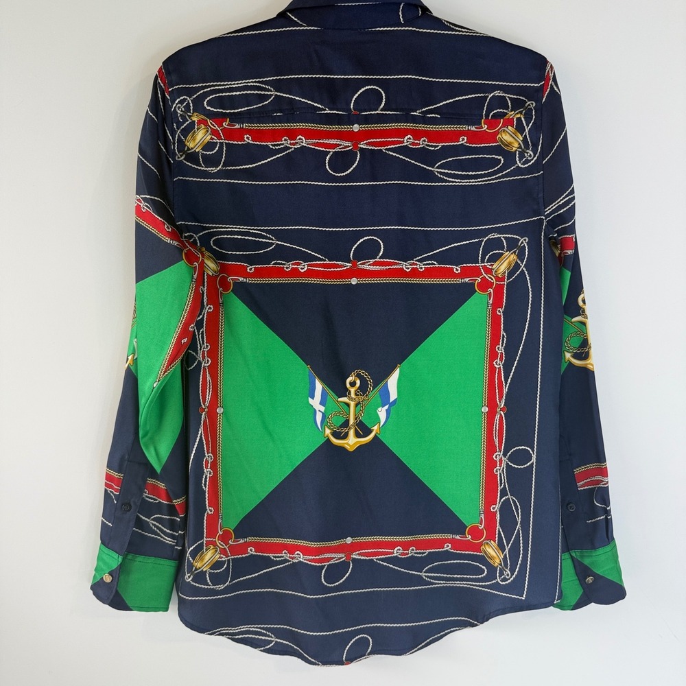 Lauren Ralph Lauren Button Down Women M Navy Nautical Scarf Print Anchor Shirt - Picture 4 of 11